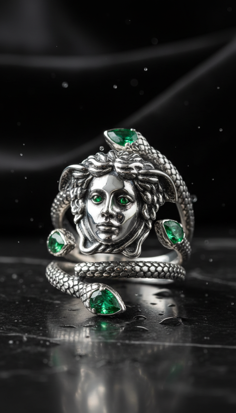 a beautiful silver Medusa ring with emeralds faceted into its eyes, high detail, professional jewelry photography style