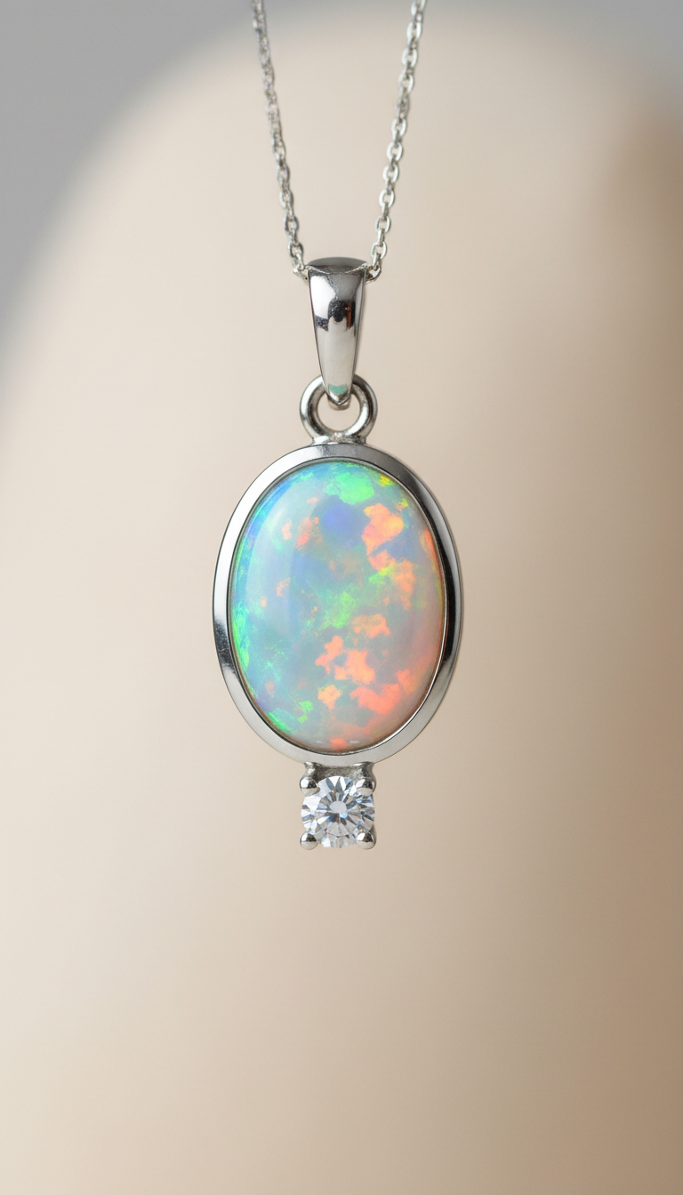 simple opal pendant with one accent diamond on neutral background