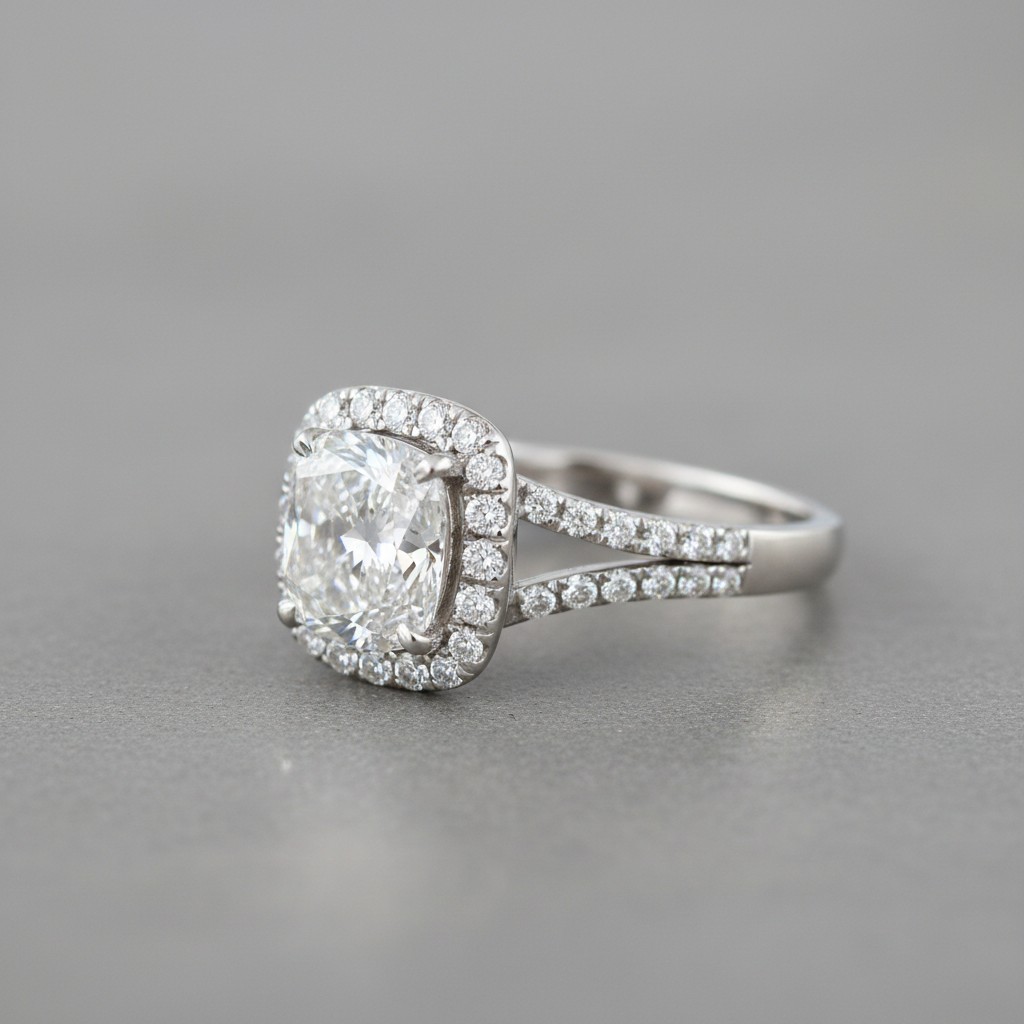 This image showcases a stunning silver ring featuring a large, square-cut diamond surrounded by smaller diamonds in an int...